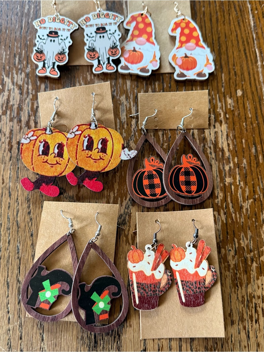 Halloween/Fall/Autumn Earrings 6 Pair New Wood Dangle 2” Multiple Designs
